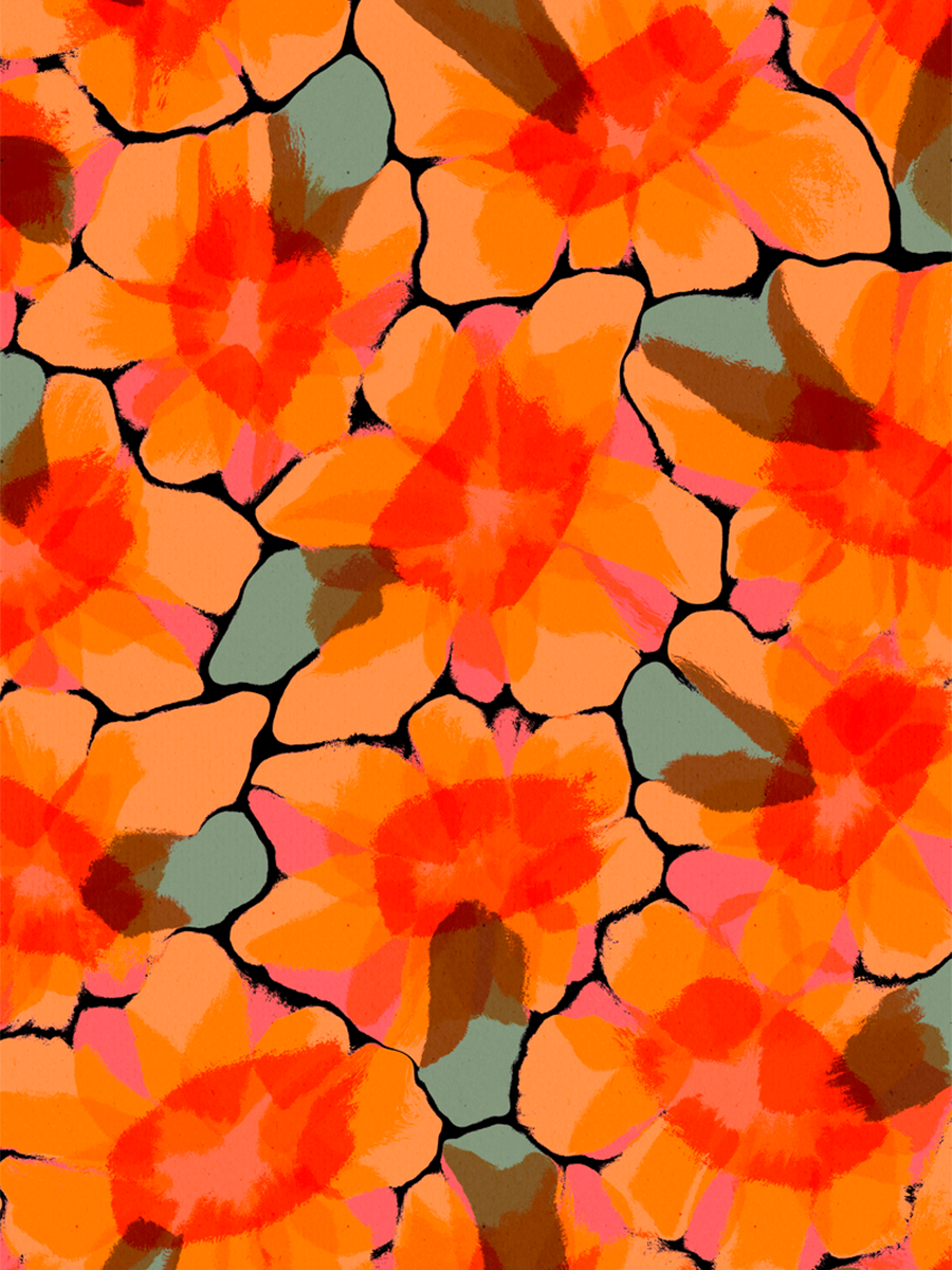 Muster aus leuchtend orangefarbenen Blumen mit rosa und roten Akzenten.