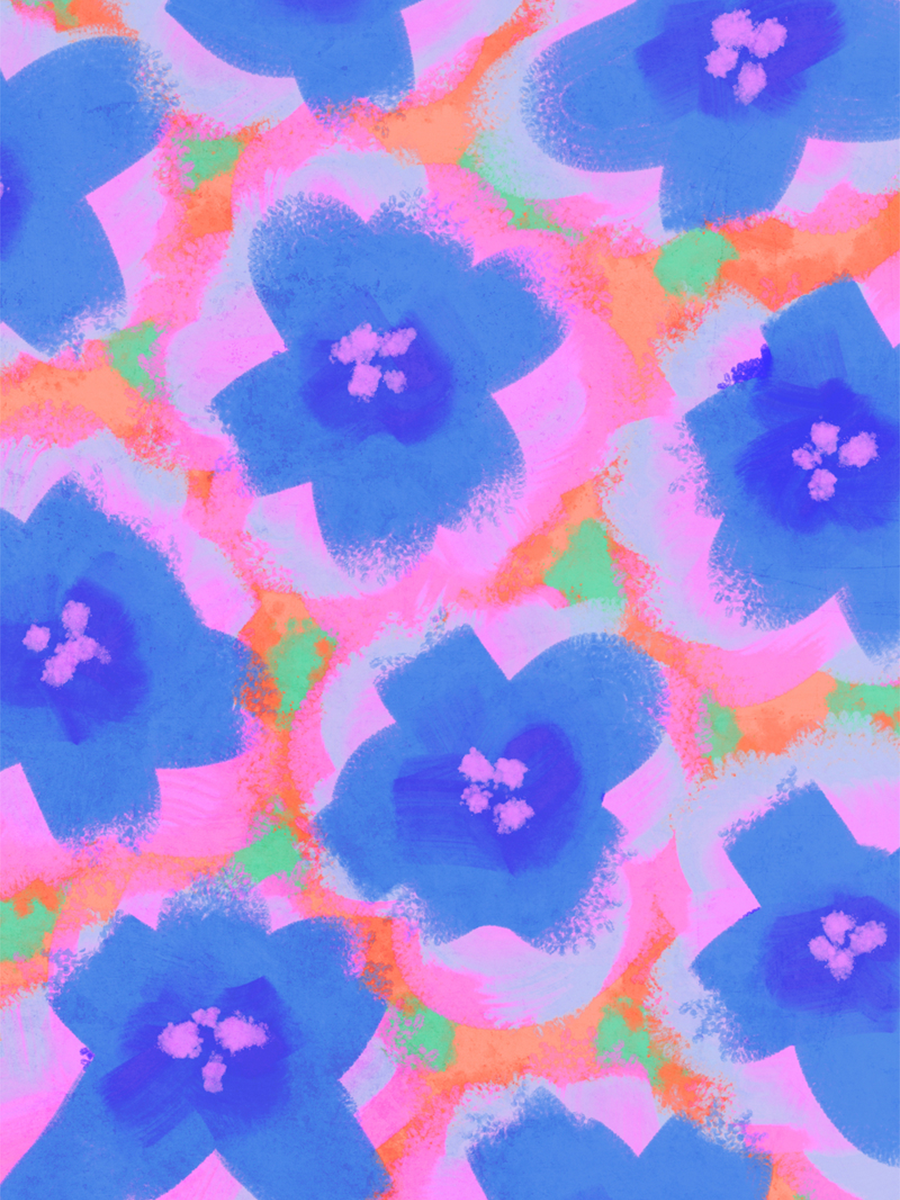 Ein Poster mit blauen Blumen und einem Mix aus Orange, Grün und Rosa.