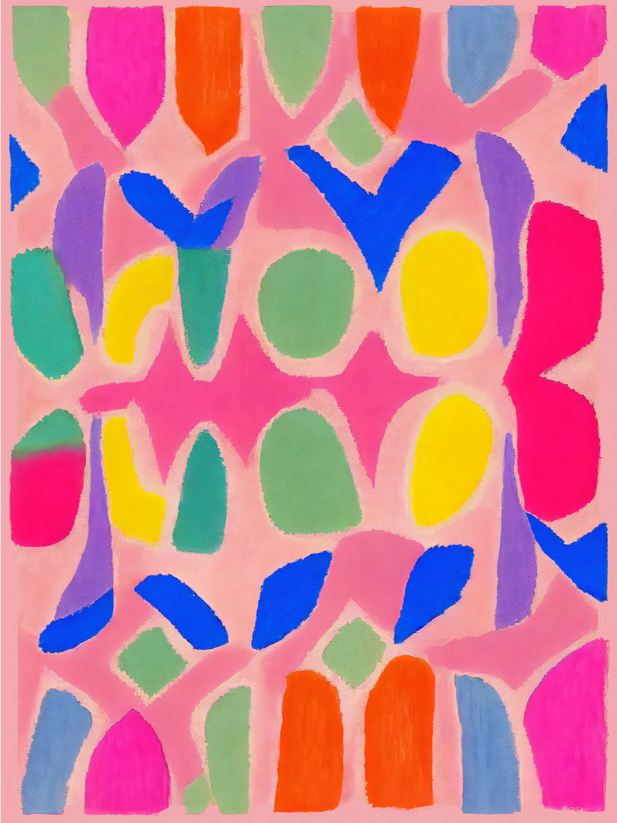 Abstraktes Poster mit bunten Formen in Rosa, Blau, Grün und Gelb.