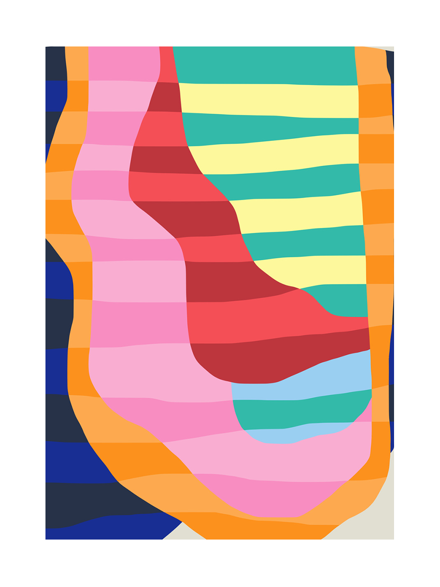 Grafische Illustration mit abstrakten Formen und Streifen in leuchtenden Farben.