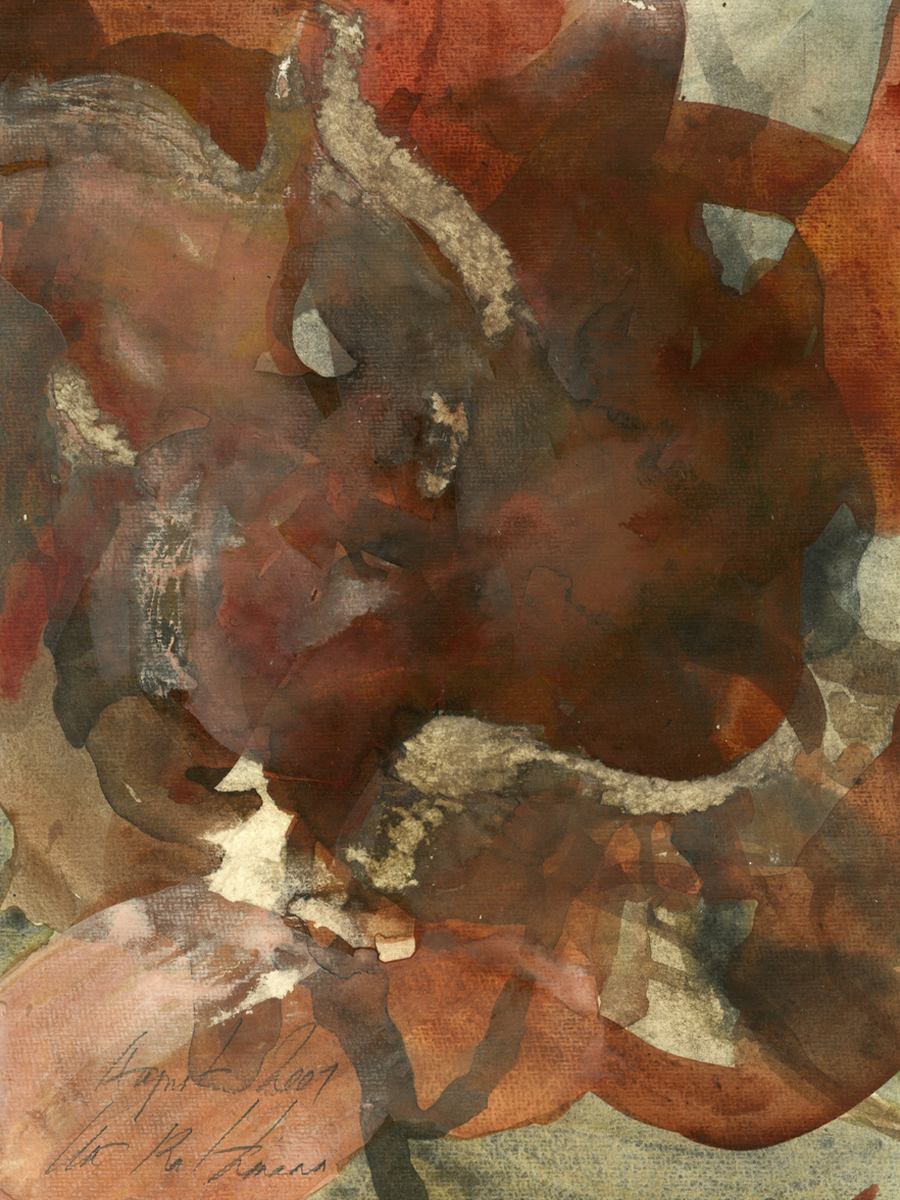 Abstrakte Kunst mit braunen und roten Farbtönen und weißen Akzenten.