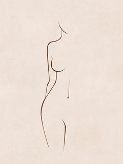 Minimalistische Line-Art-Illustration einer nackten Frau von der Seite in brauner Farbe auf beigem Hintergrund.