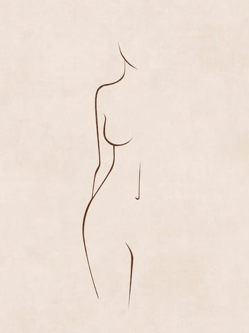 Minimalistische Line-Art-Illustration einer nackten Frau von der Seite in brauner Farbe auf beigem Hintergrund.