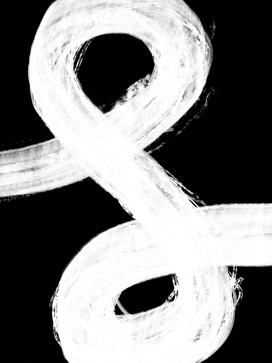 Schwarz-weiß-Poster mit einem handgemalten Pinselstrich-Ampersand auf schwarzem Hintergrund.