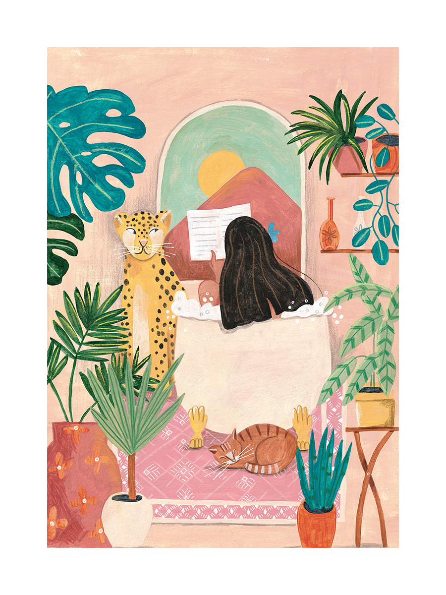 Illustration einer Frau in der Badewanne mit Pflanzen und einem Leoparden.