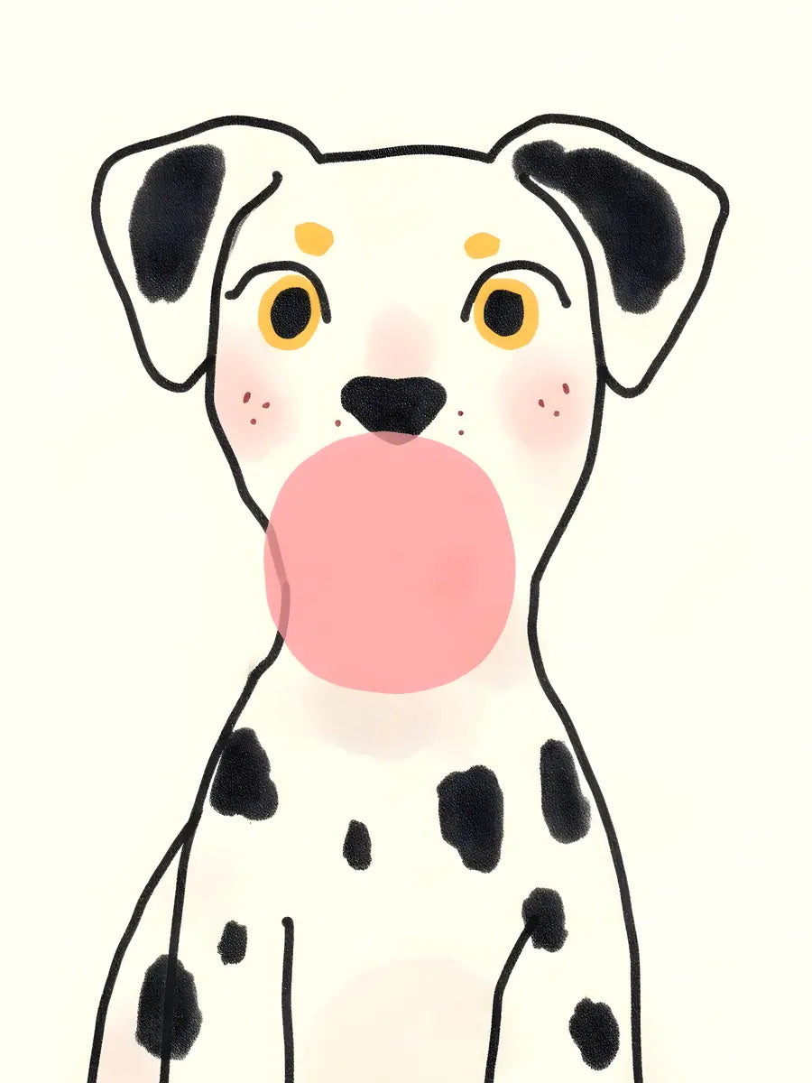 Illustration eines Dalmatiners, der einen rosa Kaugummi kaut.