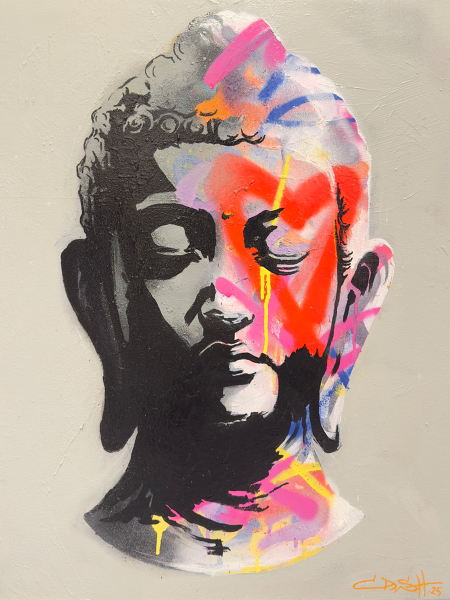 Poster mit dem Gesicht von Buddha in Schwarz, überlagert mit bunten, leuchtenden Farbflecken.