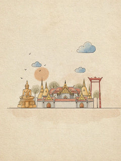 Illustration einer buddhistischen Tempelanlage mit Buddha und Tempel auf beigem Hintergrund.