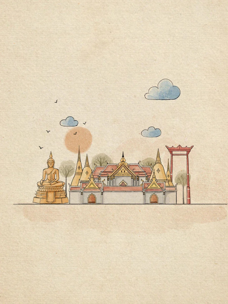 Illustration einer buddhistischen Tempelanlage mit Buddha und Tempel auf beigem Hintergrund.