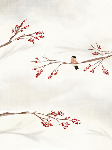 Ein Dompfaff sitzt auf einem schneebedeckten Ast mit roten Beeren vor einem hellen Hintergrund.