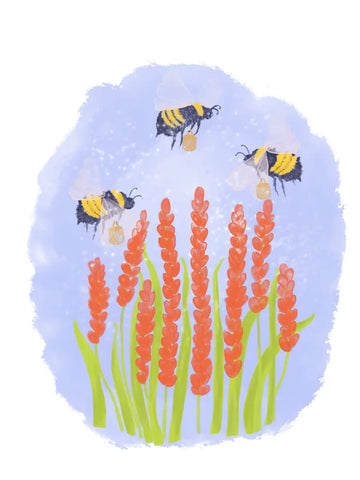 Eine niedliche Illustration von drei fliegenden Hummeln mit winzigen Körbchen über roten Blumen auf hellblauem Grund.