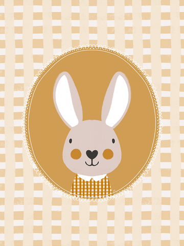 Porträt eines Hasen in einem ovalen Rahmen auf kariertem Hintergrund.