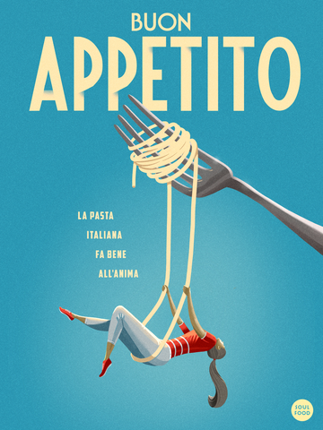 Illustration einer Frau, die an einer Gabel voller Spaghetti hängt, mit dem Text „Buon appetito“ vor einem blauen Hintergrund.