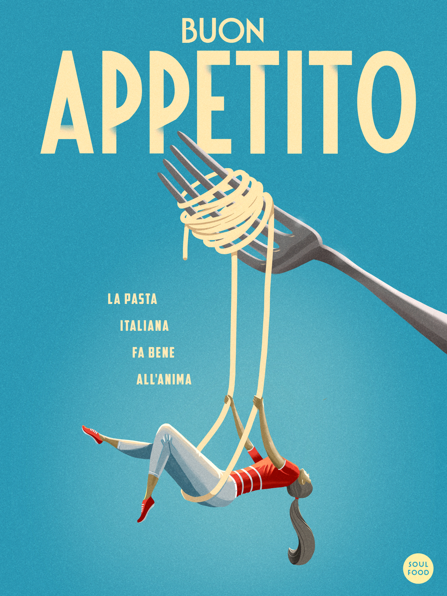 Illustration einer Frau, die an einer Gabel voller Spaghetti hängt, mit dem Text „Buon appetito“ vor einem blauen Hintergrund.