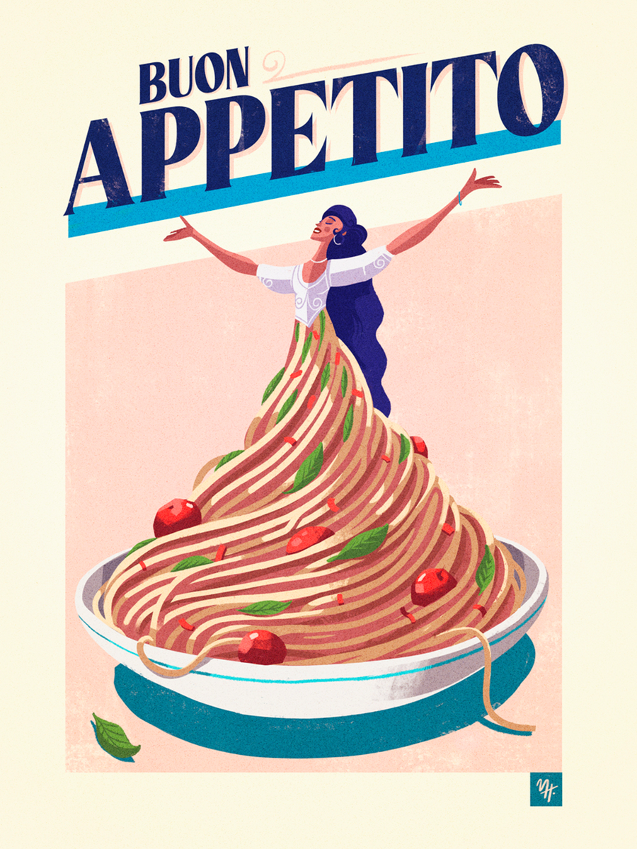 Illustration einer Frau in einem Spaghetti-Kleid mit dem Text "Buon Appetito".