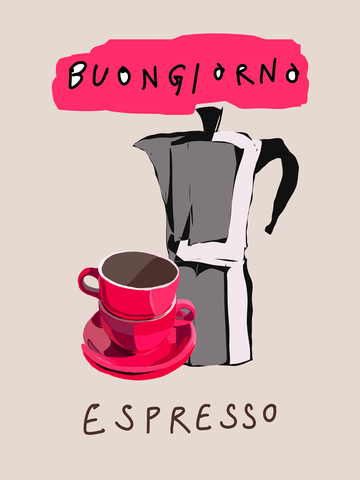 Illustration einer Espressokanne und einer roten Tasse mit dem Text Buongiorno Espresso.