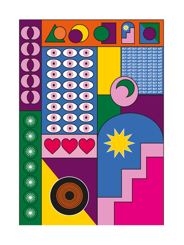 Buntes Poster mit verschiedenen Formen, Symbolen und dem Text "BUY ART".