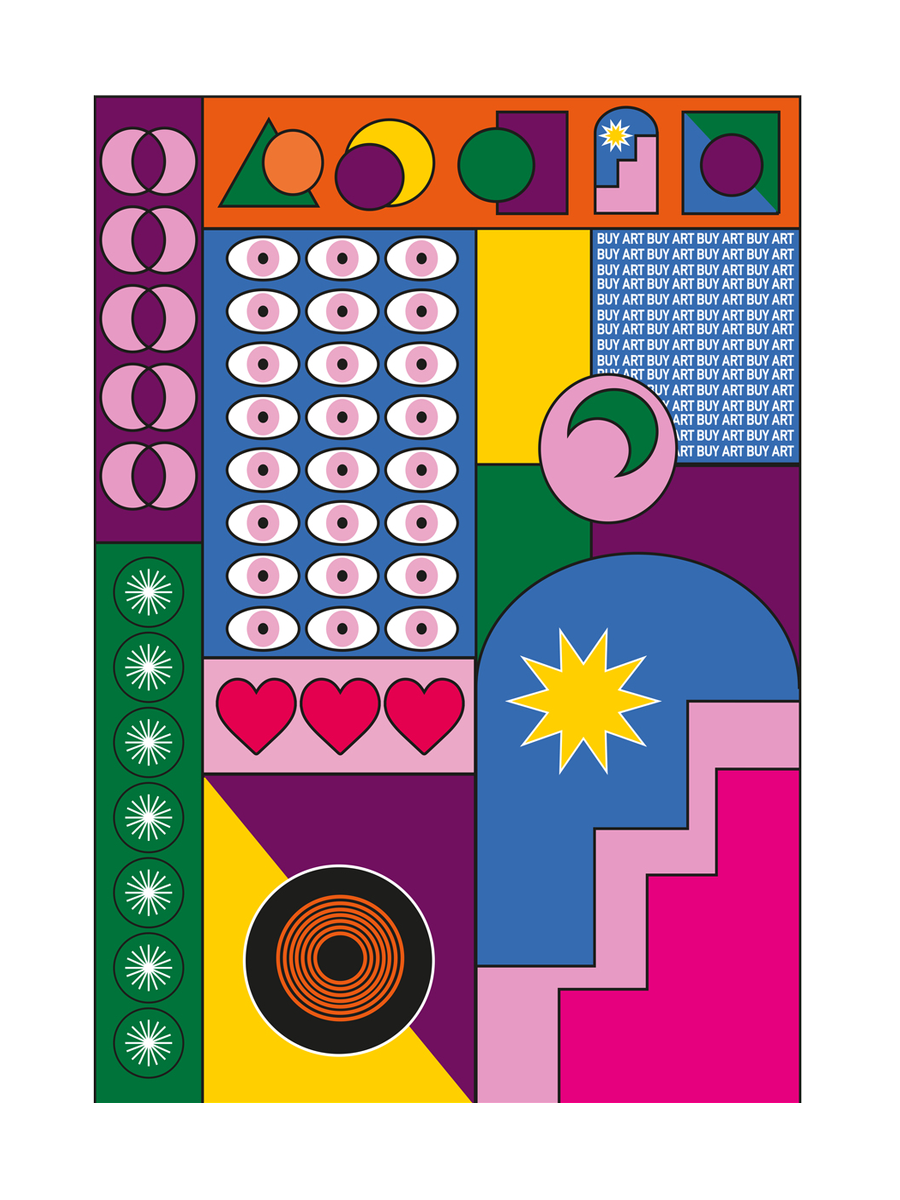 Buntes Poster mit verschiedenen Formen, Symbolen und dem Text "BUY ART".