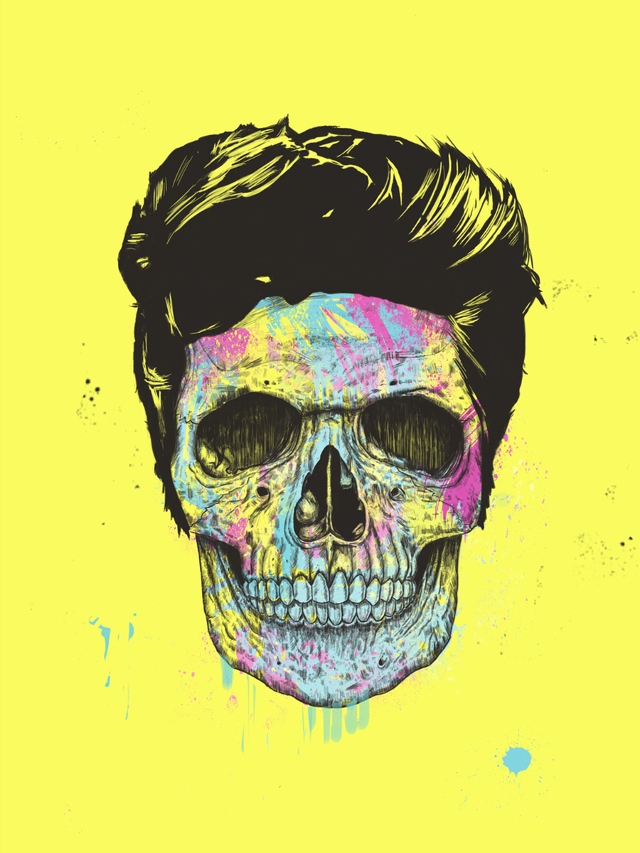 Illustration eines Schädels in CMYK-Farben auf gelbem Hintergrund.