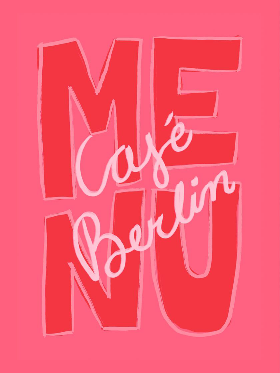 Grafisches Poster mit dem Text Café Berlin Menu in Rosa und Rot.