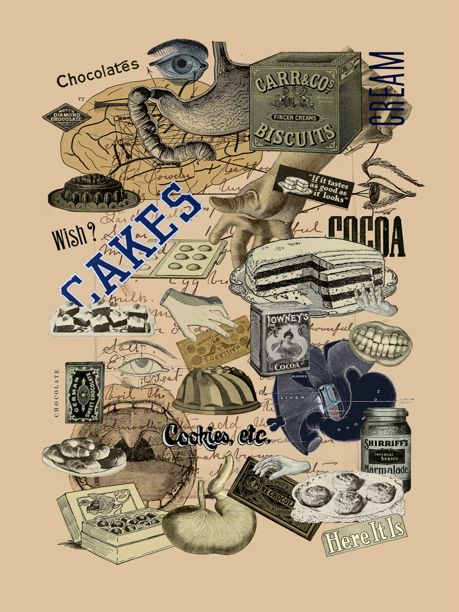 Collage aus illustrierten Kuchen, Schokolade und Backzutaten auf einem Küchenposter.