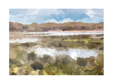 Handgemaltes Poster einer ruhigen Landschaft mit Fluss, Bäumen und blauem Himmel.