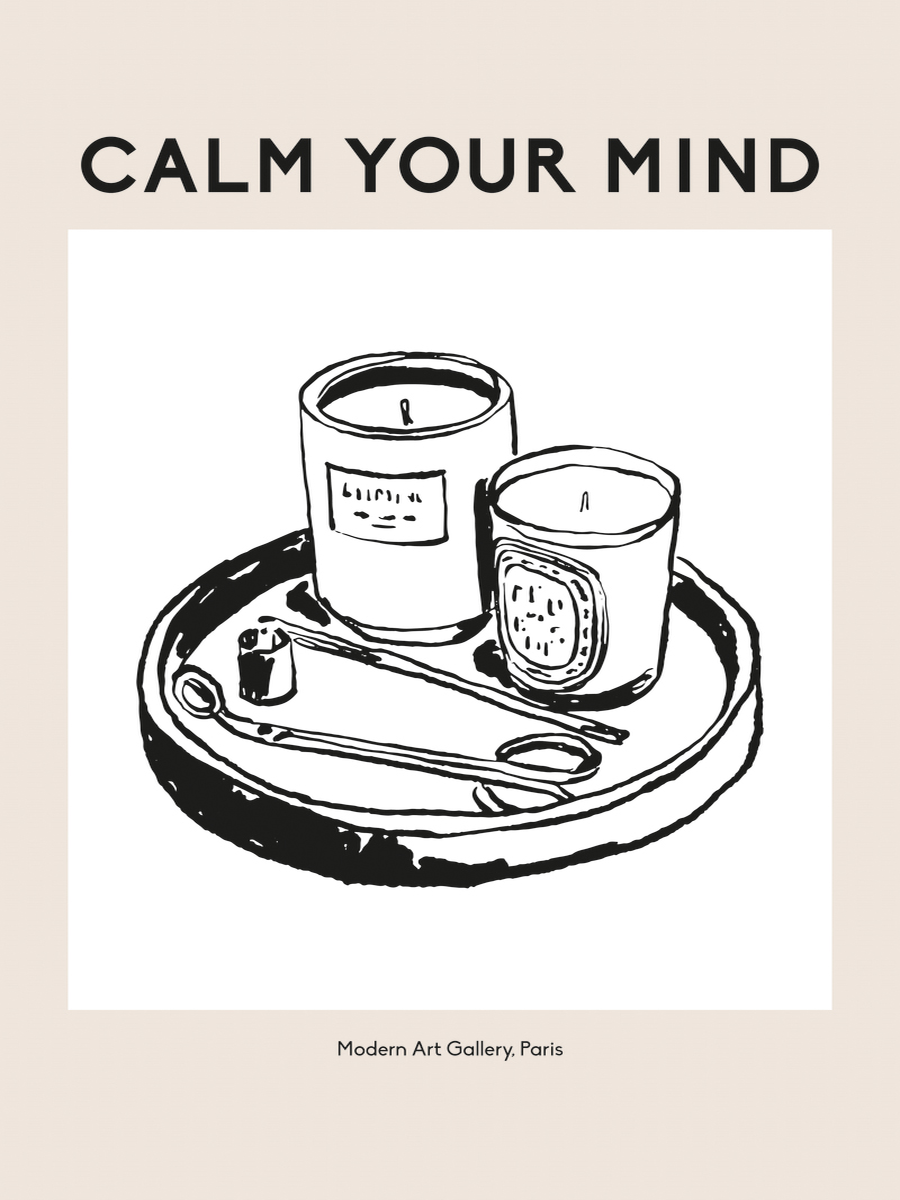Illustration von zwei Kerzen auf einem Tablett mit dem Text Calm your mind und Modern Art Gallery, Paris.