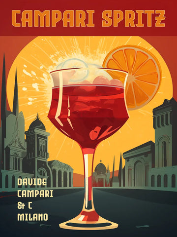 Poster eines Campari Spritz Cocktails vor einer orangefarbenen Sonne und Mailands Skyline.