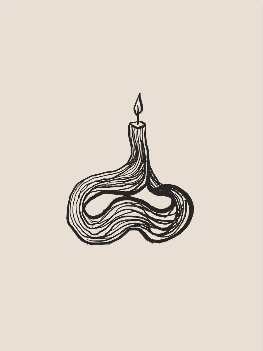 Illustration einer schwarzen, geschwungenen Kerze auf beigem Hintergrund.