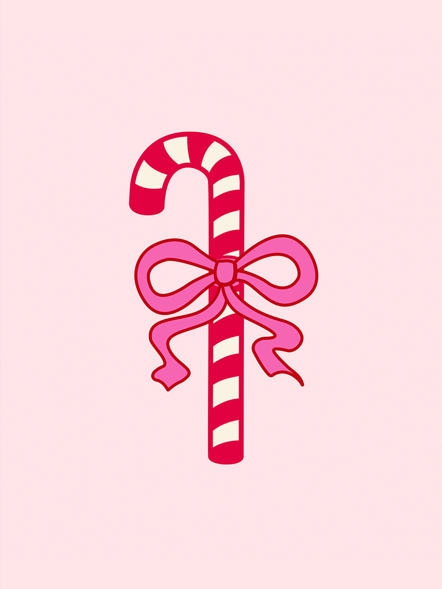 Grafische Illustration eines rot-weißen Zuckerstocks mit rosa Schleife auf hellrosa Hintergrund.