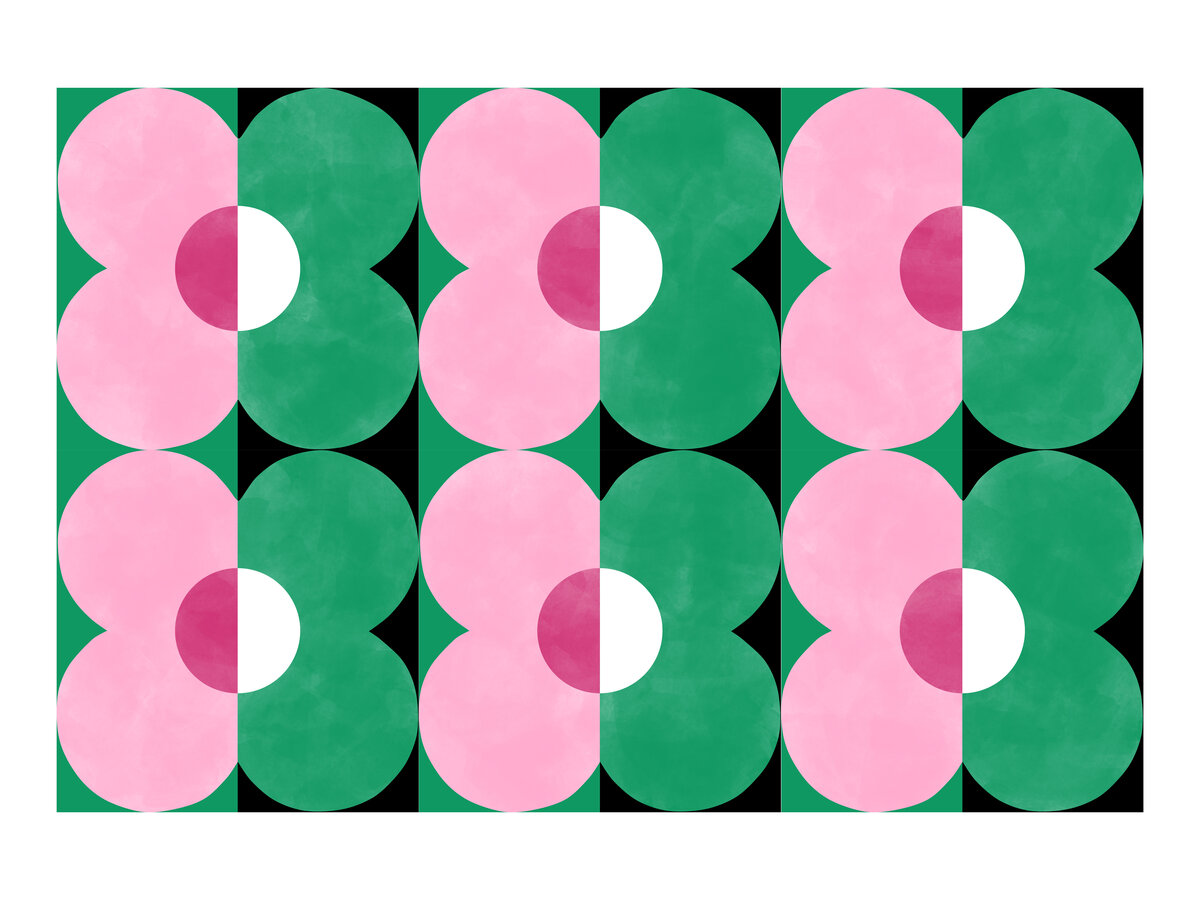 Poster mit modernem Blumenmuster in Pink und Grün, jedes Quadrat zeigt eine Blume mit weißem oder rosa Zentrum.