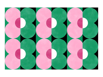 Poster mit modernem Blumenmuster in Pink und Grün, jedes Quadrat zeigt eine Blume mit weißem oder rosa Zentrum.
