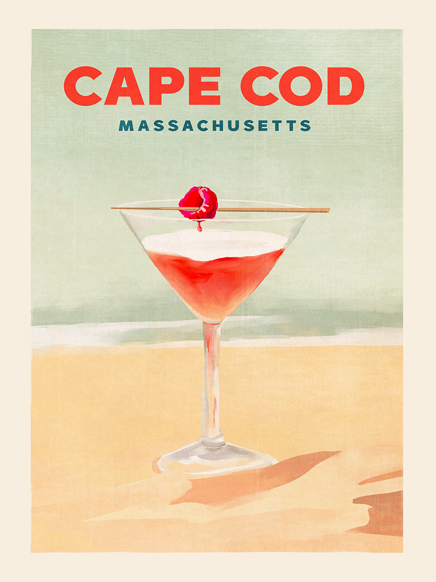 Grafik eines roten Cocktails mit einer Kirsche am Strand und dem Text "Cape Cod Massachusetts".