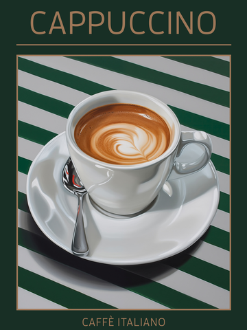 Poster eines Cappuccino mit grün-weiß gestreiftem Hintergrund und dem Text „Cappuccino, Caffè Italiano“.