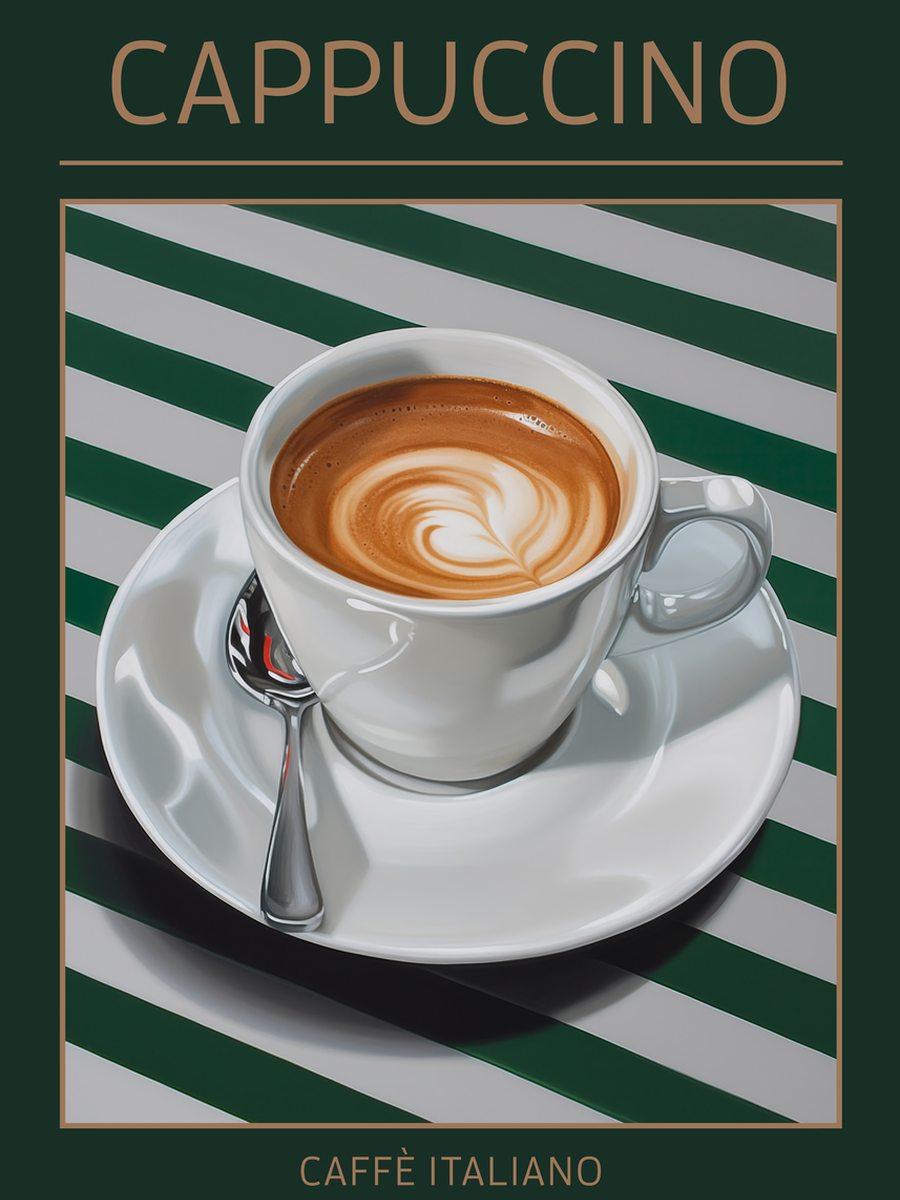 Poster eines Cappuccino mit grün-weiß gestreiftem Hintergrund und dem Text „Cappuccino, Caffè Italiano“.