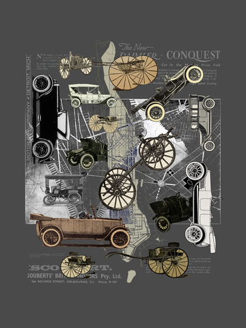Collage von Vintage-Autos auf grau-schwarzem Hintergrund.