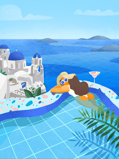 Illustration einer Frau am Pool mit Blick auf Santorini und das Meer.