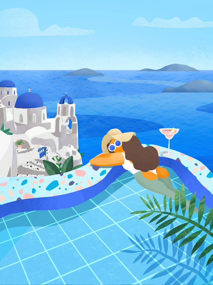 Illustration einer Frau am Pool mit Blick auf Santorini und das Meer.