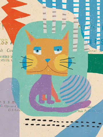Buntes Poster mit einer Katze und abstrakten Formen.