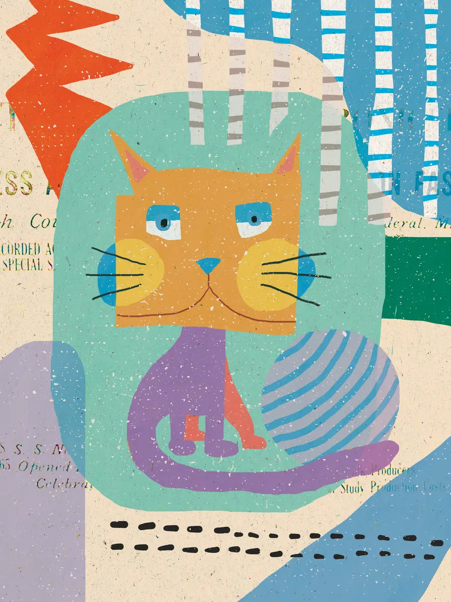 Buntes Poster mit einer Katze und abstrakten Formen.