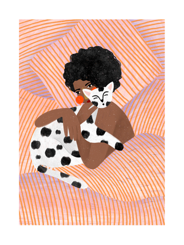 Illustration einer Frau mit lockigem Haar und roten Ohrringen, die eine schwarz-weiß gefleckte Katze kuschelt, vor einem orange gestreiften Hintergrund.