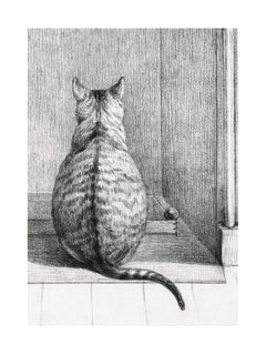 Illustration einer Katze, die vor einer Tür sitzt, in Schwarz und Weiß.