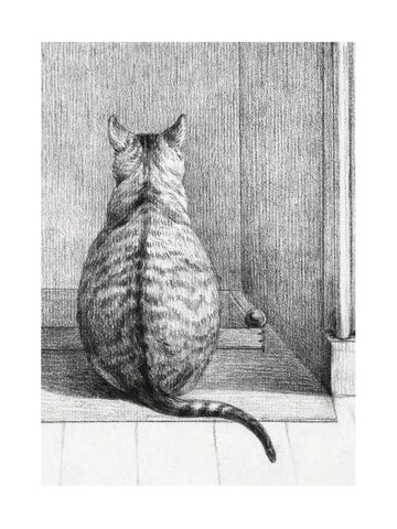 Illustration einer Katze, die vor einer Tür sitzt, in Schwarz und Weiß.