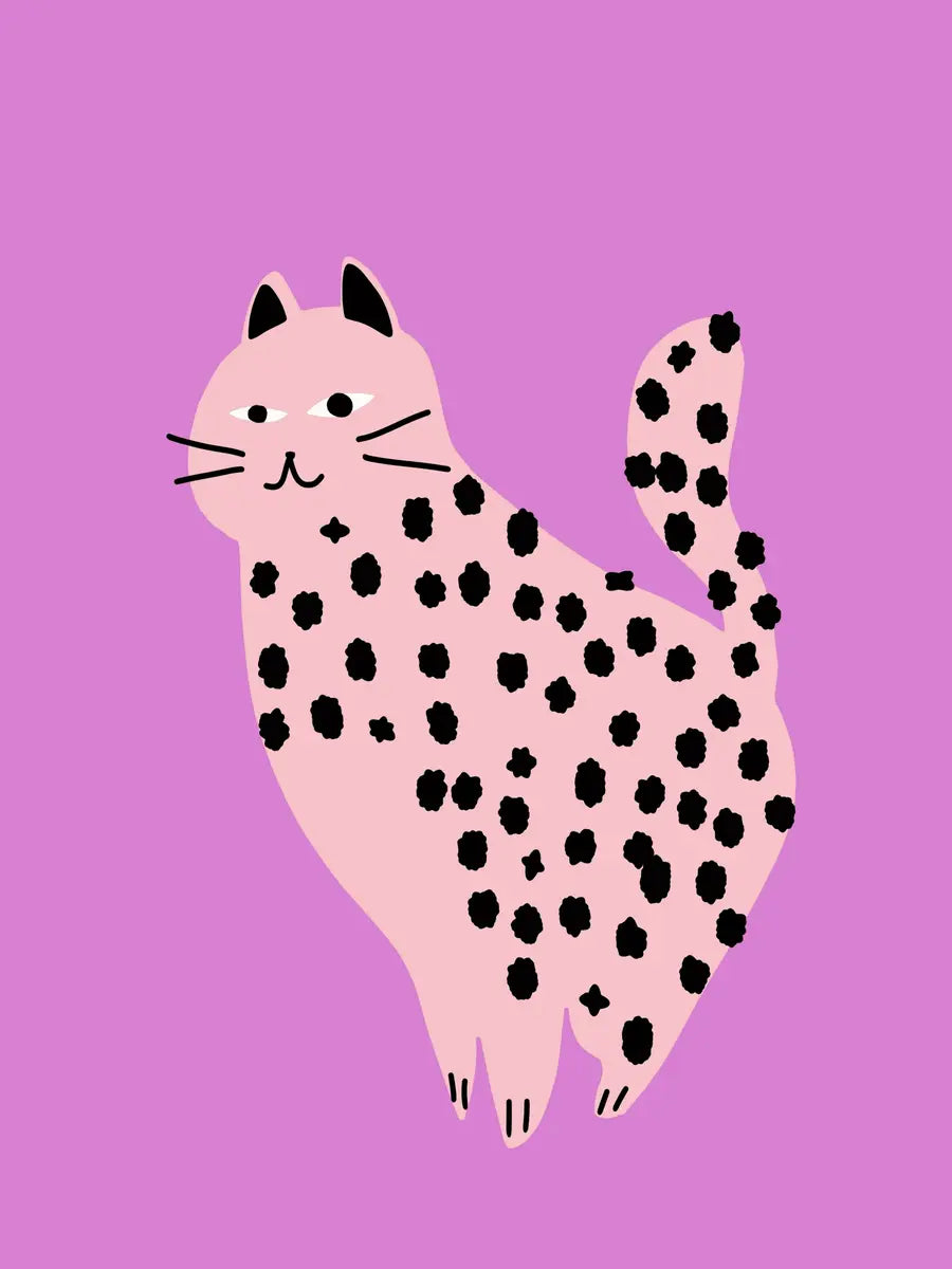 Illustration einer Katze mit rosa und schwarzen Punkten vor einem lila Hintergrund.