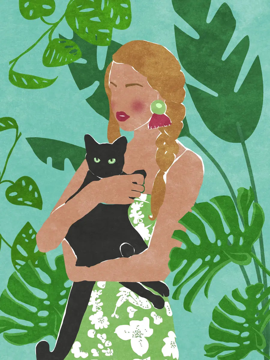 Illustration einer Frau mit einer schwarzen Katze vor grünen Pflanzen.