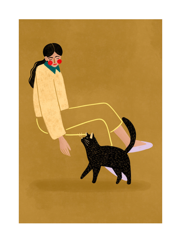 Illustration einer schwarzen Katze, die eine Frau in gelber Kleidung ansieht, vor einem braunen Hintergrund.