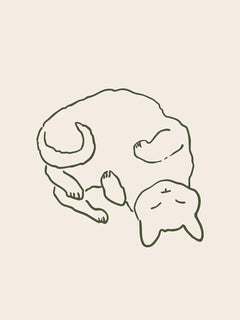 Illustration einer schlafenden Katze in Schwarz auf beigem Hintergrund.