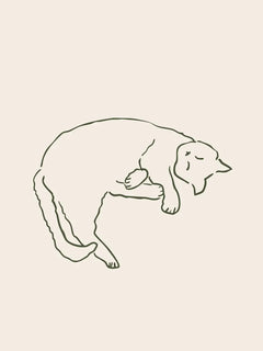 Minimalistische Line-Art einer schlafenden Katze in Grün auf beigem Hintergrund.