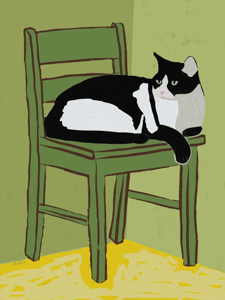 Illustration einer schwarz-weißen Katze auf einem grünen Stuhl mit grün-gelbem Hintergrund.