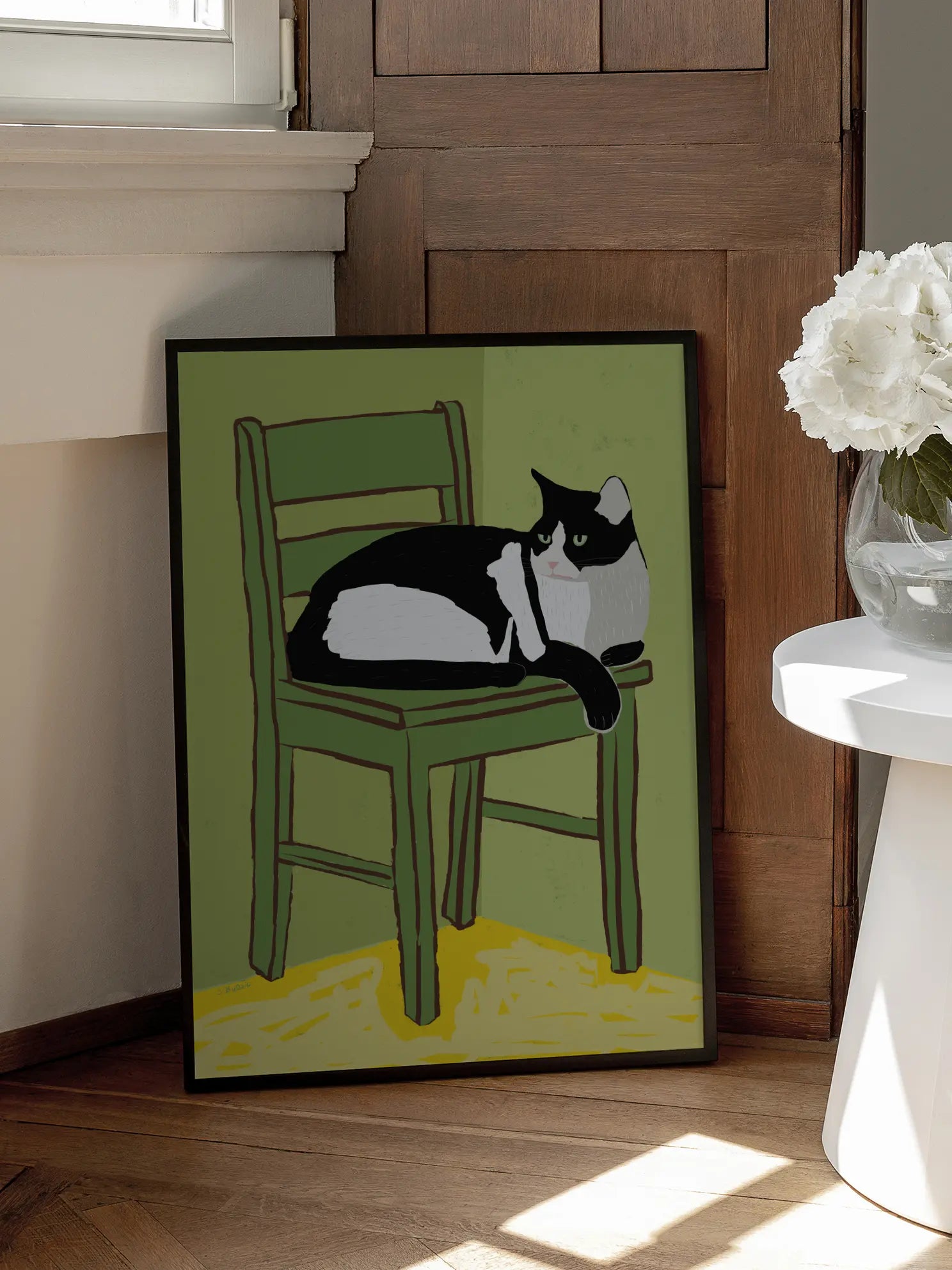 Cat On Green Chair Poster